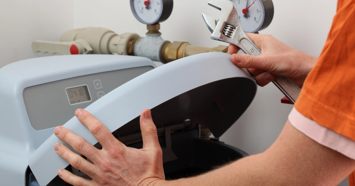 A person in an orange shirt uses a wrench to adjust a water softener unit, which has two pressure gauges and visible pipes connected at the back.