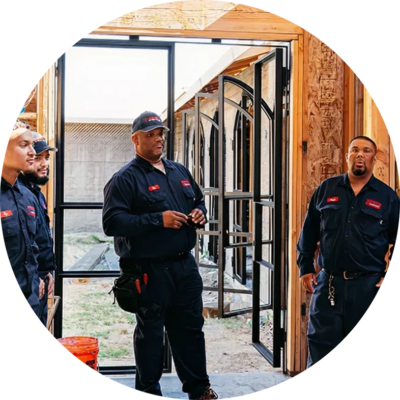 Four men wearing black uniforms and caps stand inside a building under construction, near a large glass door. The scene appears to be a worksite, and they seem to be having a conversation.