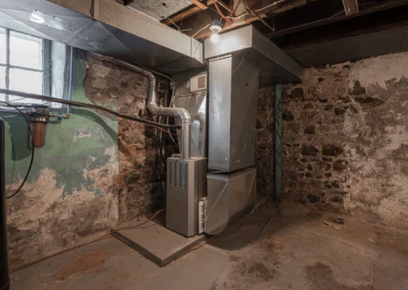 A metal furnace with attached ductwork is installed in a basement with stone walls, exposed pipes, and a small window providing some natural light. The floor and walls appear aged and unfinished.