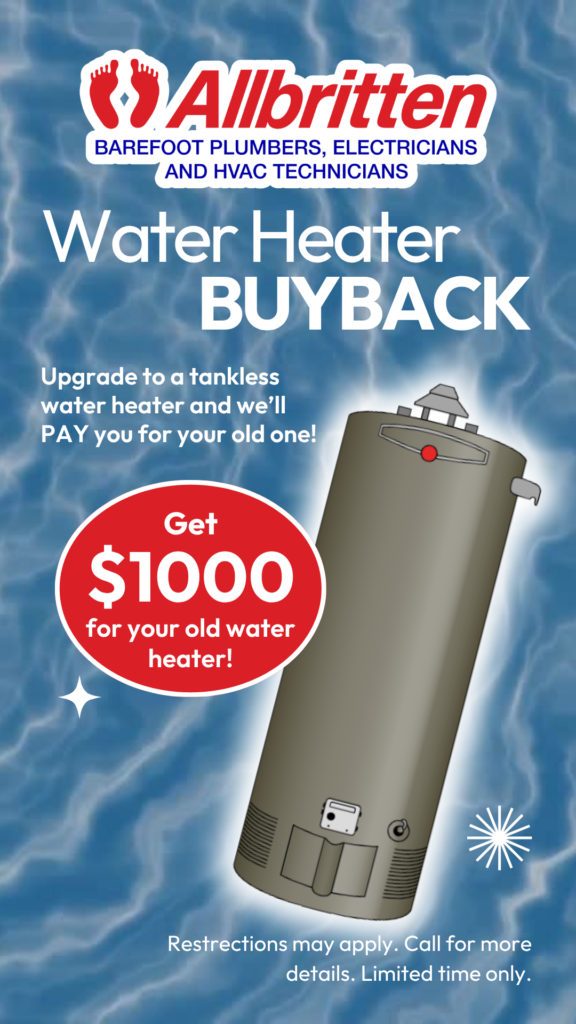 Promotional ad for Allbritten offering a $1000 buyback for old water heaters. The ad features a large water heater illustration on a blue background, with text and a red circle highlighting the $1000 offer.