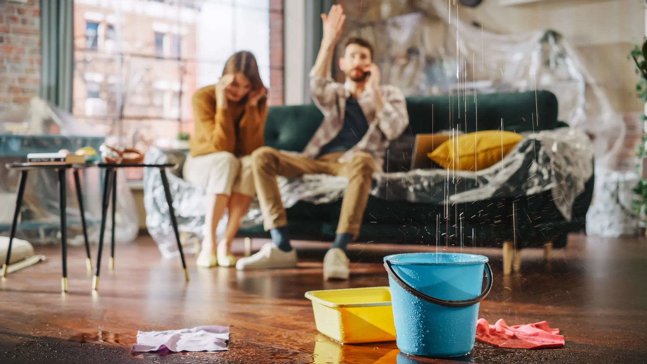 A man and woman sit on a couch in a living room, both appearing concerned. Water leaks from the ceiling into buckets on the floor, with towels around them. The couch and walls are covered in plastic sheets.