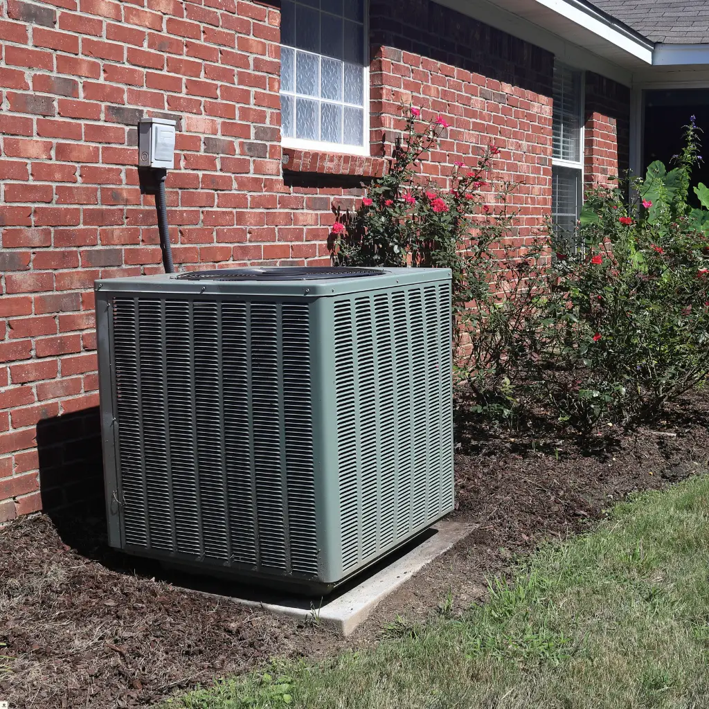 An outdoor air conditioning unit sits on a concrete pad next to a brick house. There are rose bushes and plants nearby, with a small patch of grass visible in the foreground. Homeowners should be aware that certain details, such as an uneven pad or improper placement near landscaping, can sometimes be signs of poor AC installation or indicate an improper HVAC install.