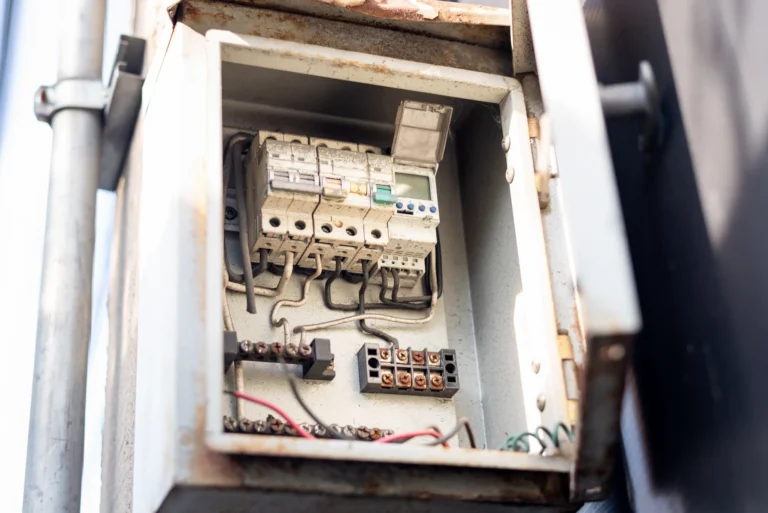 An open metal electrical panel shows circuit breakers, various wires, and connection terminals inside. The panel is slightly rusted and mounted vertically.