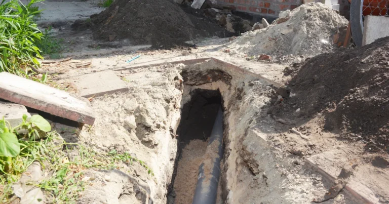 A trench with exposed soil and a black pipe partially buried runs through a yard. Dirt is piled on both sides of the trench, with some greenery to the left and construction materials in the background.