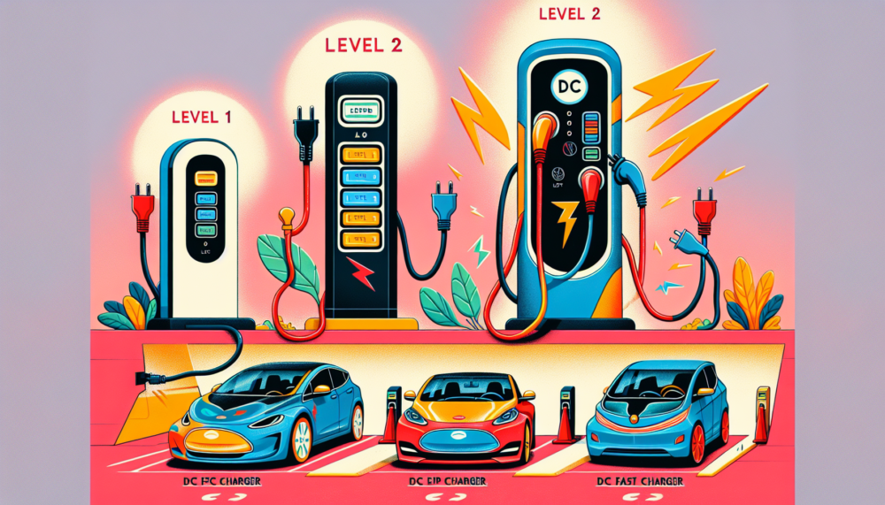 Illustration of different types of EV chargers including Level 1, Level 2, and DC Fast Chargers.