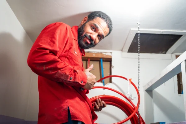 A man in a red shirt stands indoors holding a coil of red tubing, giving a thumbs up and looking at the camera. The room has white walls, a ceiling light, and a small open hatch.
