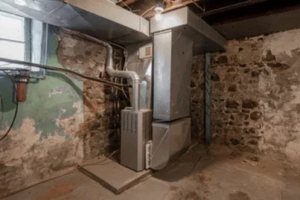 A metal furnace with attached ductwork is installed in a basement with stone walls, exposed pipes, and a small window providing some natural light. The floor and walls appear aged and unfinished.