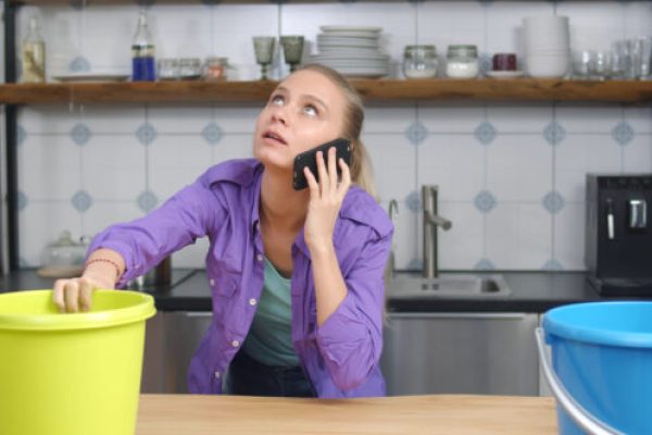 A person in a purple shirt talks on the phone while reaching into a yellow bucket. A blue bucket sits nearby on a kitchen counter with shelves, dishes, and a sink in the background.