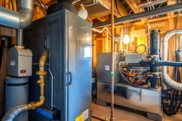 A clean utility room with a large furnace or boiler, various pipes, valves, and ductwork, all set against unfinished wooden walls and ceiling, under bright lighting.